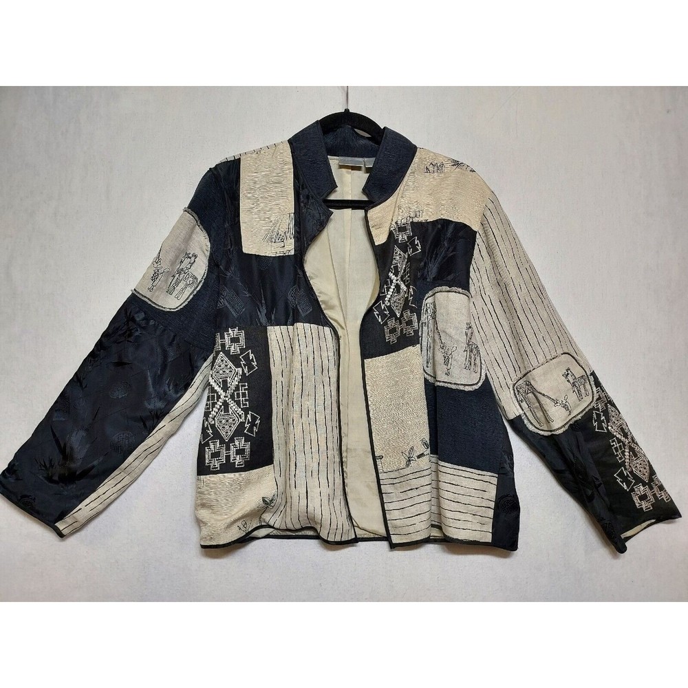 VINTAGE Chico's L Cardigan Linen Silk Open Blazer Women African Village Safari